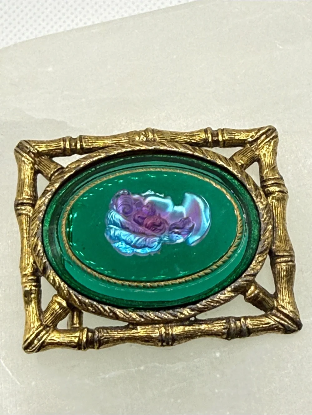 Vintage Green Glass Cameo Brooch with Gold Frame intaglio pin